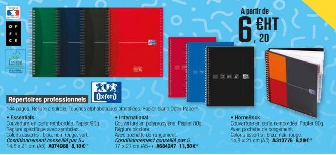 Ecolabel  Répertoires professionnels Oxford  144 pages. Reliure à spirale. Touches alphabétiques plastifiées. Papier blanc Optik Paper  • International  Couverture en polypropylène. Papier 80g. Reglur