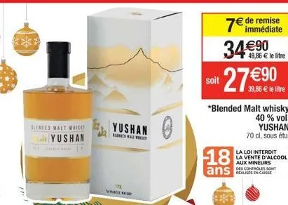 blended malt whisky  la yushan  m  yushan  bela  www  7€ de remise  immédiate  34€90  soit  39,86 € le litre  *blended malt whisky  40 % vol.  49,86 € le litre  18  ans  yushan  70 cl, sous étui  la l
