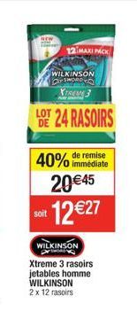 12 MAXI PACK  WILKINSON SWORD  XTREME 3  LOT 24 RASOIRS  40% de remise  immédiate  20 €45 12€27  soit  WILKINSON Xtreme 3 rasoirs jetables homme WILKINSON 2 x 12 rasoirs 