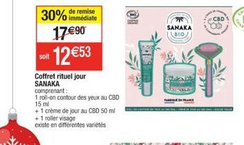 30% de remise  immédiate  soit  17€90  12 €53  Coffret rituel jour SANAKA comprenant:  1 roll-on contour des yeux au CBD 15 ml  + 1 crème de jour au CBD 50 ml  +1 roller visage existe en différentes v