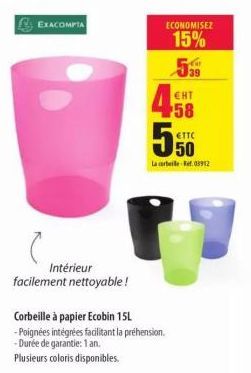 EXACOMPTA  Intérieur  facilement nettoyable!  Corbeille à papier Ecobin 15L  -Poignées intégrées facilitant la préhension.  -Durée de garantie: 1 an. Plusieurs coloris disponibles.  La corbeil-Ref.039