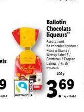 FAIRTRADE  Papillotin  CACAO  Ballotin Chocolats liqueurs™  Assortiment de chocolat liqueurs: Poire williams/ Whisky Label 5/ Cointreau/Cognac Camus / Kirsh 5609307  200 g  3.69 