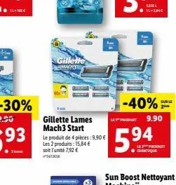 gillette  moo  gillette lames mach 3 start  le produit de 4 pièces: 9,90 € les 2 produits: 15,84 € soit l'unité 7,92 € setiese  -40%  le product 9.90  5.94  le produit identique  sur le  2 