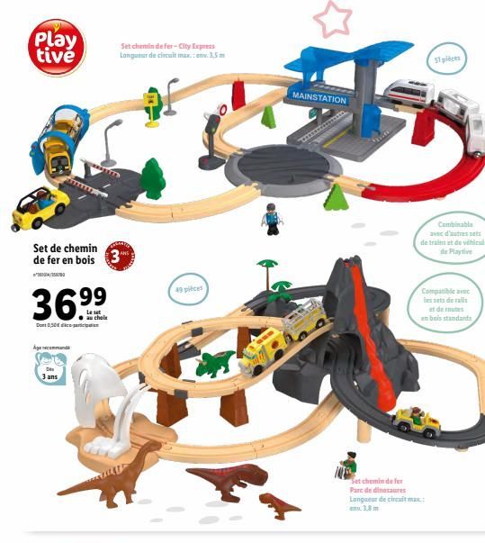 Play tive  Set de chemin de fer en bois 3  14/15  36.99  au chole  Dont 0,50€  Agecommande  3 ans  Set chemin de fer-City Express Longueur de circuit max.: 1,5 m  49 pieces  MAINSTATION  Ou  Set chemi