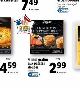 4.5⁹  1-10,20 €  Delive  POMMES DE TERRE  4 MINI GRATINS  DE FRANCE AUX PATATES DOUCES  Avec une pointe de cade  4 mini gratins 400 g aux patates douces  542347 Produt  Produit angels  Sauce au champa