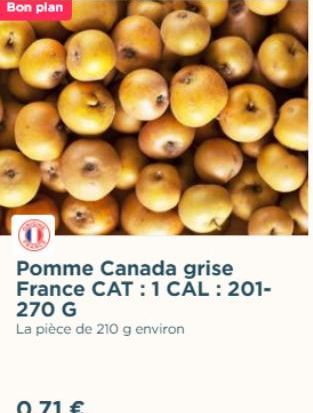 Bon plan  Pomme Canada grise France CAT: 1 CAL: 201-270 G  La pièce de 210 g environ  