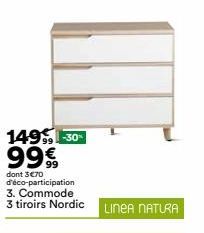 149%-30% 99€  dont 3€70 d'éco-participation 3. Commode 3 tiroirs Nordic  LINEA NATURA 