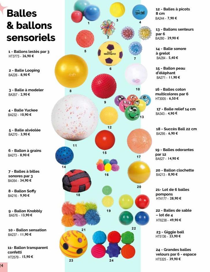 Balles & ballons sensoriels  1 - Ballons lestés par 3 HT3773 - 26,90 €  2 - Balle Looping BA226 - 8,90 €  3 - Balle à modeler BA357 - 2,90 €  4- Balle Yuckee BA232 - 10,90 €  5- Balle alvéolée BA270 -