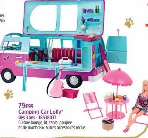 79€99 Camping Car Lolly Dès 3 ans - 18538037  Cuisine lounge, lit, table, poupée  et de nombreux autres accessoires inclus. 