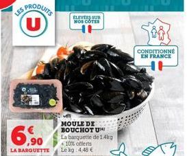 U  6,90  LA BARQUETTE  ELEVERS SUR NOS COTES  MOULE DE BOUCHOTUM La barquette de 14kg +10% offerts Le kg 4,48 €  jii  CONDITIONNÉ EN FRANCE  HI 