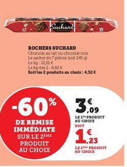 ROCHERS SUCHARD  Chocolat au lait ou chocolat noir Le sachet de 7 pièces (soit 245 g) Le kg: 12,61 €  Le kg des 2:8,82 €  Soit les 2 produits au choix : 4,32 €  -60% 3%  LE 1TH PRODUIT AU CHOIX SOIT  