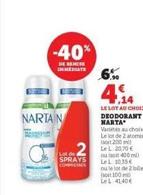 narta n  magnesium protection  -40%  de remise immediate  lot de sprays compresses  2 le l:20,70  6%  4,14  le lot au choix deodorant narta  variétés au choix  ou (soit 400 ml) le l: 10,35 €  ou le lo