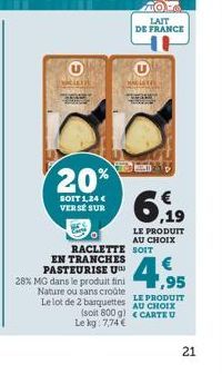 20%  SOIT 1,24 € VERSE SUR  LAIT DE FRANCE  Tex  69  LE PRODUIT AU CHOIX  RACLETTE SOIT EN TRANCHES PASTEURISE U  4,95  28% MG dans le produit fini Nature ou sans croûte LE PRODUIT Le lot de 2 barquet