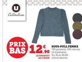 U Collection  PRIX  BAS 12% 1,90  € SOUS-PULL FEMME 79% polyester, 20% viscose, 1% elasthanne Du 36 au 46/48- LE PRODUIT AU CHOIX coloris assortis 