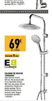 69€  HT:57€50  Garantie 5 ans  E8  EsseBagno  COLONNE DE DOUCHE "ESSEGOIA Tube rond in chrome  950 mm Tite de douche ABS 24 cm Douche chrom 