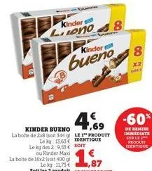 kinder bueno la boite de 2x8 (soit 344 g)  kinder  luono 8  kinder  bueno  le kg 15.63 le kg des 2:9.53€ soit  le 1 produit identique  8  -60%  de remise immediate sur le produit identique  x2 