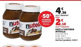 947  nut  nutel  -50%  DE REMISE IMMEDIATE SUR LE PRODUIT  €  LE 1 PRODUIT SOIT  LE PRODUIT PATE A TARTINER NUTELLA  Le pot de 790 g  Le kg 5,81 €  Le kg des 2:4,36 €  Soit les 2 produits: 6,54 €  