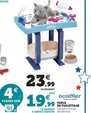 4€  VERSÉS SUR  Coole  €  LE PRODUIT SOIT  19,99  € écoiffier  LE PRODUIT € CARTE U DÉDUITS  Ball  TABLE DE TOILETTAGE 1peluche incluse. Dès 18 mois 