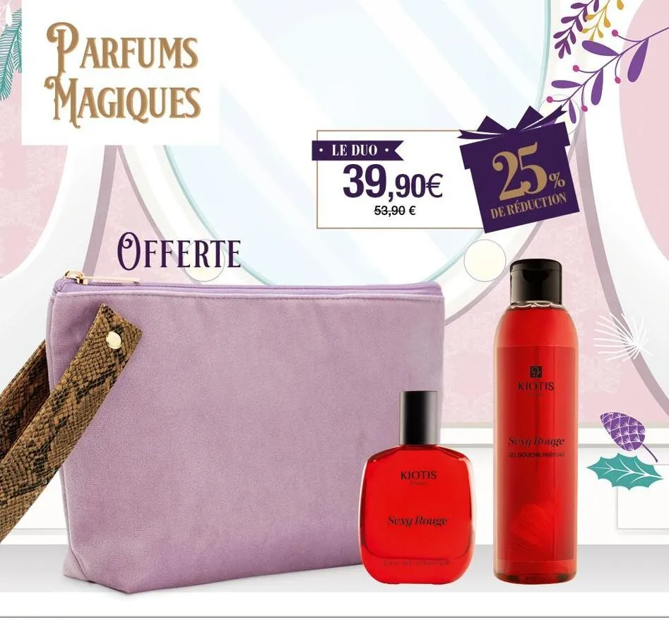 parfums magiques  offerte  le duo  39,90€ 25%  53,90 €  de réduction  kiotis  sexy rouge  9 kiotis  sexy rouge gel douche pareume  