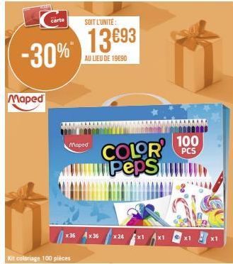 -30%  Maped  carte  Kit, coloriage 100 pièces  Moped  SOIT L'UNITÉ:  13€93  AU LIEU DE 19690  x 36 x 36  COLOR PepS  x 24  100  PCS  x1  