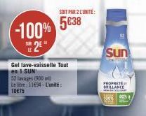 Gel lave-vaisselle Tout en I SUN  52 lavages (900 ml)  Le litre: 11€94-L'unité: 10€75  Sun  PROPRETÉ BRILLANCE 