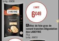 LABEYRIE  Divas  L'UNITÉ  6649  A Bloc de foie gras de canard tranches Dégustation duo LABEYRIE  758 Le kg 86€53 