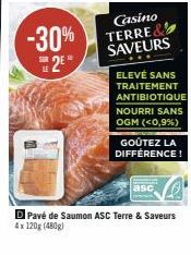 -30%  2⁰  LE  Casino TERRE& SAVEURS  ..  ELEVÉ SANS TRAITEMENT ANTIBIOTIQUE NOURRI SANS OGM (<0,9 %)  GOÛTEZ LA DIFFÉRENCE!  asc  DPavé de Saumon ASC Terre & Saveurs 4x 120g (480g) 