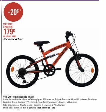 -20€  SOIT L'UNITE: A PARTIR DE  179€  AU LIEU DE 1900 Freerider  VTT 20" tout suspendu mixte  Cadre Suspendu Acier-Fourche Télescopique-6 Vitesses par Poignée Tournante Microshift Jantes en Aluminium