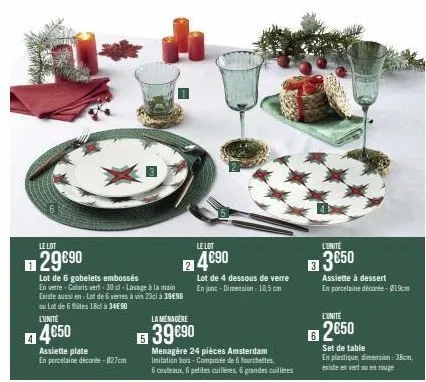 le lot  29€90  lot de 6 gobelets embossés en verre col vert-30 ci-lavage à la main existe aussi en lot de 6 verres à vin 23cl à 39€90 ou lot de 6 lutes 18c à 34€ 90  l'unité  4€50  assiette plate  en 