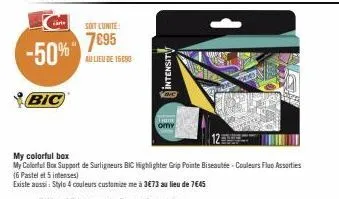 bic  soit l'unité  7€95 -50%  au lieu de 15090  intensity  omy  my colorful box  my colorful box support de surligneurs bic highlighter grip pointe biseauté - couleurs fluo assorties (6 pastel et 5 in