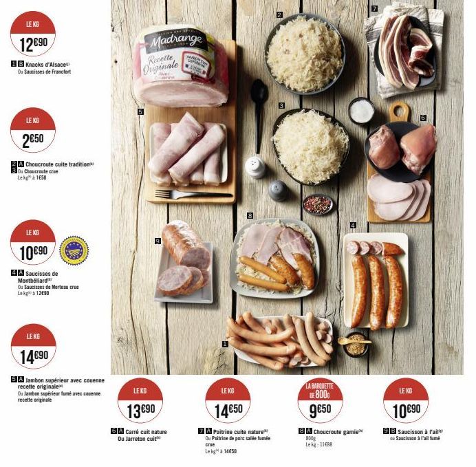 LE KG  LE KG  12€90  Knacks d'Alsace Ou Saucisses de Francfort  2€50  A Choucroute cuite tradition  Ou Choucroute crue Lekg à 1€50  LE KG  14€90  LE KG  10€90  4A Saucisses de Montbéliard  Ou Saucisse