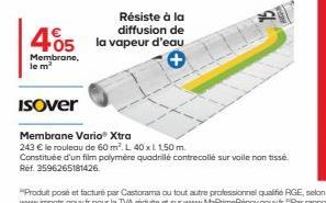 Résiste à la diffusion de  405 la vapeur d'eau  Membrane, le m²  Isover  Membrane Vario® Xtra  243 € le rouleau de 60 m². L 40 x L 150 m.  Constituée d'un film polymère quadrillé contrecollé sur voile