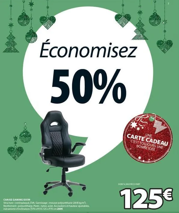 économisez  50%  chaise gaming idom  structure: contreplaqué, eva, garnissage: mousse polyuréthane (24/8 kg/m"). revêtement: polyuréthane. pieds: nylon, acier. accoudoirs et hauteur ajustables. mécani