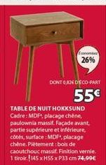 Econom  26%  DONT 0,826 DECO-PART  55€  TABLE DE NUIT HOKKSUND Cadre: MDF, placage chêne, paulownia massif. Façade avant, partie supérieure et inférieure, côtés, surface: MDF, placage chêne. Piètement