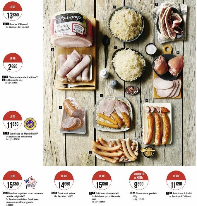 LE KG  13€50  Knacks d'Alsace Ou Saucisses de Francfort  LEKG  2€90  2A Choucroute cuite tradition 3 Ou Choucroute crue Lekg à 150  LE KG  11650  4A Saucisses de Montbéliard™ Ou Saucisses de Morteau c