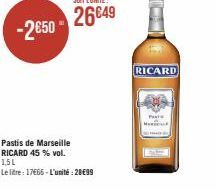 -2€50- Pastis de Marseille  RICARD 45% vol.  151  Le litre: 17€65-L'unité: 2899  RICARD  M  PAT 