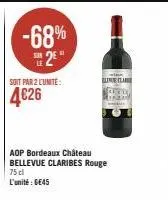 -68%  2⁹  soit par 2 l'unite:  4€26  bline clare  www  aop bordeaux château bellevue claribes rouge  75 cl l'unité : 6€45 