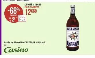 l'unité : 18€65 par 2 je cagnotte:  -68% 12668  carnettes  casino  m  2 max  pastis de marseille l'estaque 45% vol. il  casino  l'estaque  pastis  morten 