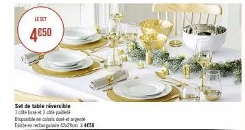 le set  4€50  set de table réversible  1 côté lisse et 1 côté pailleté  disponible en coloris doré et argenté  existe en rectangulaire 42x29cm à 4€50  