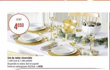 LE SET  4€50  Set de table réversible  1 côté lisse et 1 côté pailleté  Disponible en coloris doré et argenté  Existe en rectangulaire 42x29cm à 4€50  