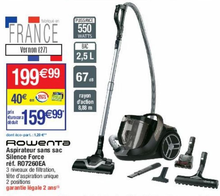 Promo aspirateur sans sac silence force Cora 199 99