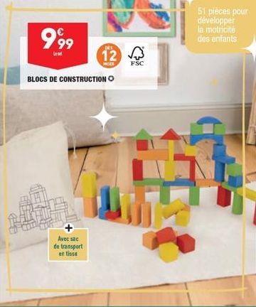 999  Leset  12  BLOCS DE CONSTRUCTION Ⓒ  Avec sac de transport en tisse  FSC  51 pièces pour développer la motricité des enfants 