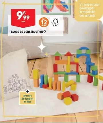 999  leset  12  blocs de construction ⓒ  avec sac de transport en tisse  fsc  51 pièces pour développer la motricité des enfants 