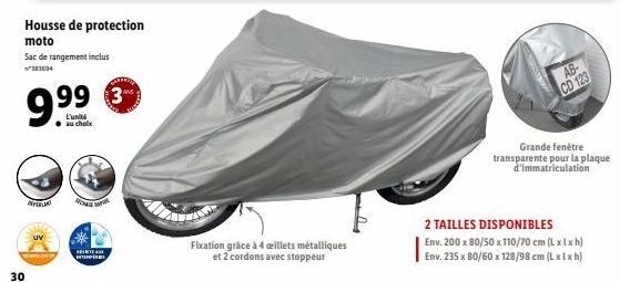 Housse de protection  moto  Sac de rangement inclus  383094  30  9.9⁹  L'unit  au choix  UV  WARE  BELKITE HIPE  35  Fixation grâce à 4 œillets métalliques  et 2 cordons avec stoppeur  U  AB- CD 123  