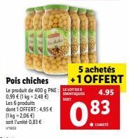 Les 6 produits dont 1 OFFERT: 4,95 €  (1 kg = 2,06 €) soit l'unité 0,83 €  Le produit de 400 g PNE: DE  IDENTIQUES  0,99 € (1 kg = 2,48 €)  SOLT  5 achetés  +1 OFFERT  4.95  083 