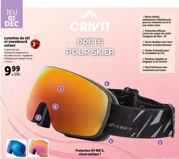 jeu 01 dec  lunettes de ski et snowboard enfant  a partir de 3 ans  pochette de rangement en microfibre incluse - également utilisable pour nettoyer l'écran  *393080  l'uni  3  crivit  prêts pour skie