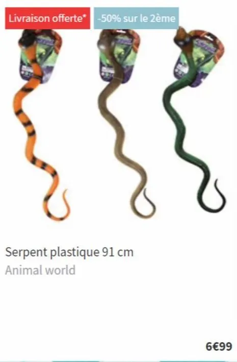 livraison offerte* -50% sur le 2ème  serpent plastique 91 cm animal world  6€99 