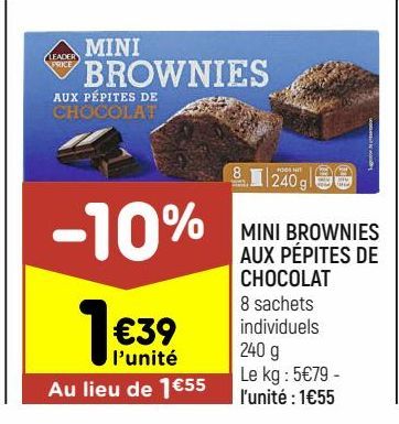 Mini brownies aux pépites de chocolat Leader Price