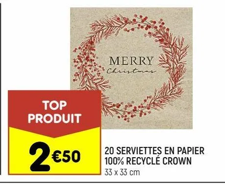20 serviettes en papier 100% recyclé crown