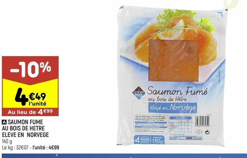 saumon fumé au bois de hetre eleve en norvege leader price